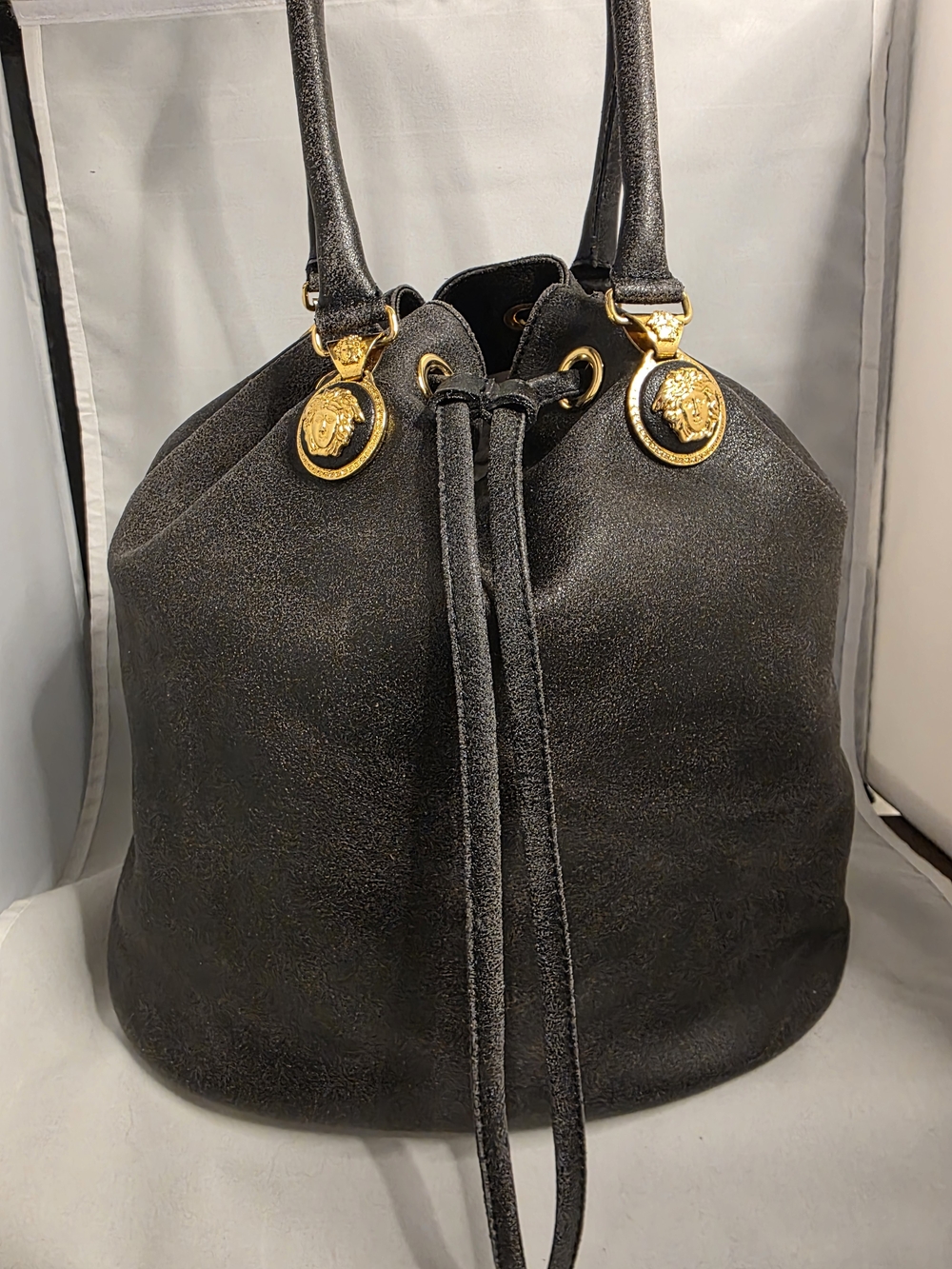 Vintage Gianni Versace Medusa Black Leather Bucket Bag Gold Hardware Italy